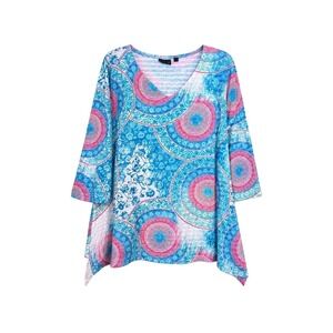 Onque Casual Womens 3X Pink Blue Print 3/4 Sleeve Plus Size Blouse Top